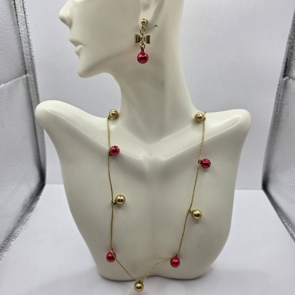 VTG Avon Jungle Bells Necklace & Earrings Red and Goldtone